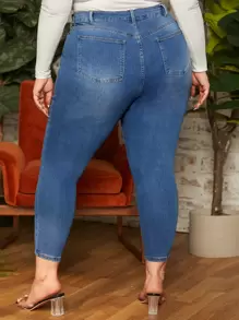 SHEIN CURVE+ Plus Ripped Skinny Jeans - Medium Wash - View 2