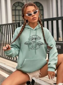SHEIN EZwear Mushroom Print Kangaroo Pocket Drop Shoulder Drawstring Thermal Hoodie - Mint Green - View 3