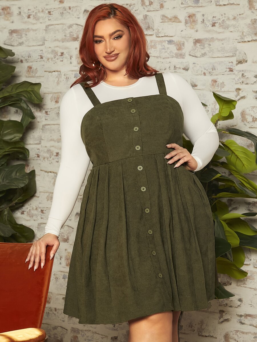 SHEIN CURVE+ Plus Button Front Corduroy Pinafore Dress Without Tee - Army Green - View 1