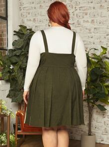 SHEIN CURVE+ Plus Button Front Corduroy Pinafore Dress Without Tee - Army Green - View 2