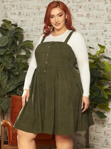 SHEIN CURVE+ Plus Button Front Corduroy Pinafore Dress Without Tee - Army Green - View 4