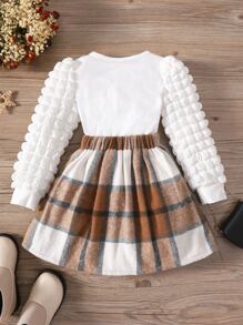 小女童燈籠袖上衣和格紋印花百褶半身裙
