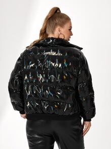 KASHMIR Plus Holographic Zip Up Padded Coat - Black - View 2