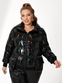 KASHMIR Plus Holographic Zip Up Padded Coat - Black - View 4