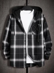 Manfinity RebelGame Loose Men's Cotton Plaid Print Drawstring Hooded Shirt Without Tee - Black - View 1