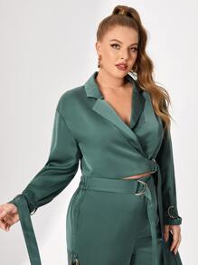 mia Plus Lapel Neck Ring Detail Wrap Blazer - Cadet Blue - View 3