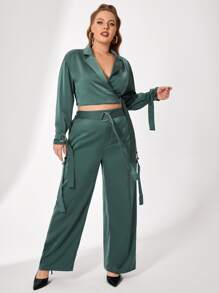 mia Plus Lapel Neck Ring Detail Wrap Blazer - Cadet Blue - View 4