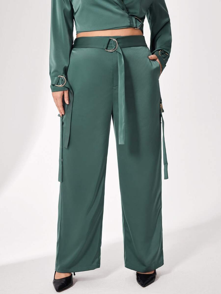 mia 大碼斜口袋腰帶長褲 - 墨綠色 - 查看 1