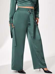 mia 大碼斜口袋腰帶長褲 - 墨綠色 - 查看 3