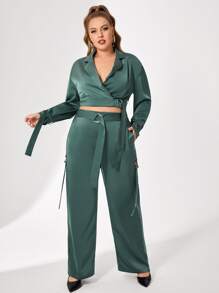 mia 大碼斜口袋腰帶長褲 - 墨綠色 - 查看 4