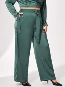 mia 大碼斜口袋腰帶長褲 - 墨綠色 - 查看 5