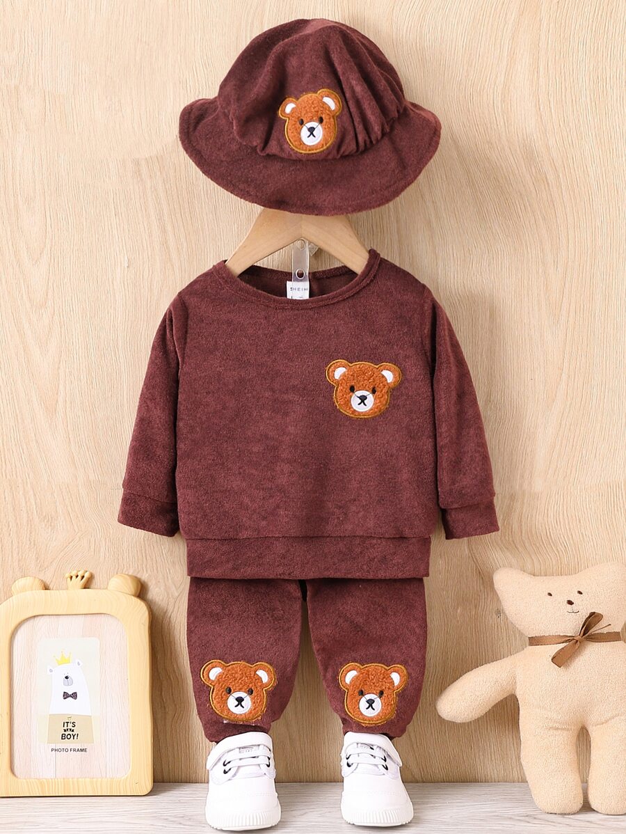 Baby Bear Embroidery Pullover & Joggers & Hat - Rust Brown - View 1