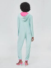 TRACY NICOLE Colour Block Zip Up Cutout Hooded Jumpsuit - Mint Blue - View 2