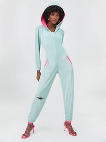 TRACY NICOLE Colour Block Zip Up Cutout Hooded Jumpsuit - Mint Blue - View 3