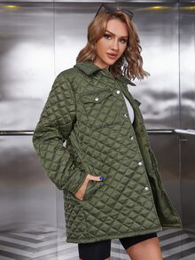 Eilly Bazar Flap Pocket Quilted Padded Coat - Army Green - View 5