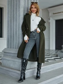 Eilly Bazar Lapel Neck Double Button Teddy Coat - Army Green - View 1