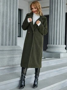 Eilly Bazar Lapel Neck Double Button Teddy Coat - Army Green - View 3