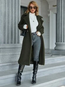 Eilly Bazar Lapel Neck Double Button Teddy Coat - Army Green - View 4