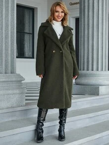 Eilly Bazar Lapel Neck Double Button Teddy Coat - Army Green - View 5