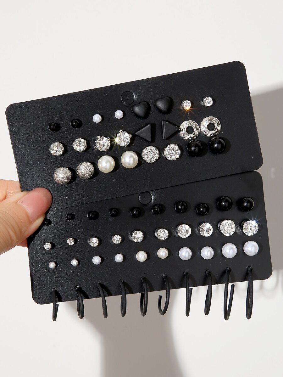 64pcs Pendientes Decorados Con Pedrería Y Perlas Sintéticas - Negro - Ver 1