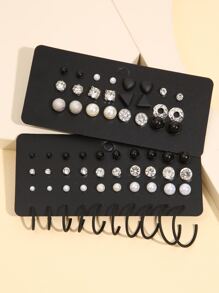 64pcs Pendientes Decorados Con Pedrería Y Perlas Sintéticas - Negro - Ver 3