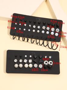 64pcs Pendientes Decorados Con Pedrería Y Perlas Sintéticas - Negro - Ver 4