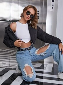 Eilly Bazar Zip Up Hooded Crop Padded Coat - Black - View 1