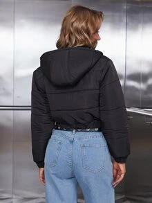 Eilly Bazar Zip Up Hooded Crop Padded Coat - Black - View 2