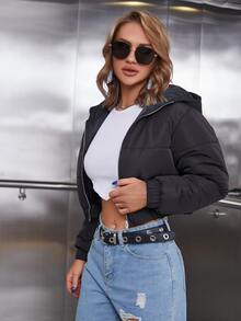 Eilly Bazar Zip Up Hooded Crop Padded Coat - Black - View 3