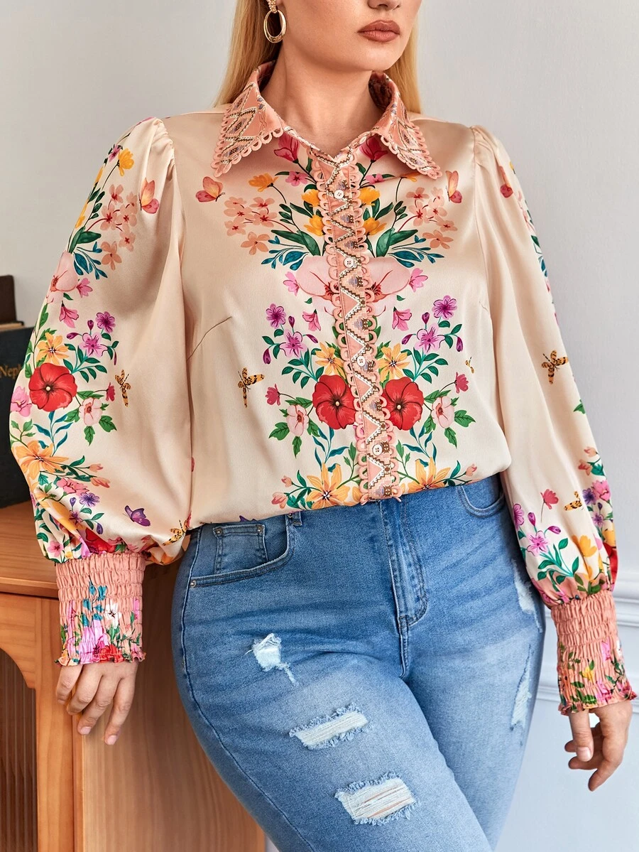 SHEIN Clasi 大碼印花鏤空蕾絲花邊燈籠袖襯衫 - 香檳色 - 查看 1