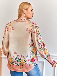 SHEIN Clasi 大碼印花鏤空蕾絲花邊燈籠袖襯衫 - 香檳色 - 查看 2