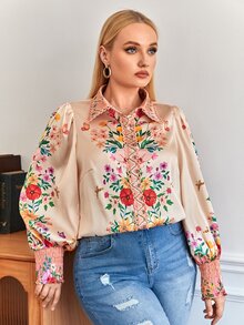 SHEIN Clasi 大碼印花鏤空蕾絲花邊燈籠袖襯衫 - 香檳色 - 查看 3