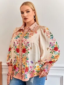 SHEIN Clasi 大碼印花鏤空蕾絲花邊燈籠袖襯衫 - 香檳色 - 查看 4