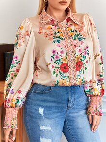 SHEIN Clasi 大碼印花鏤空蕾絲花邊燈籠袖襯衫 - 香檳色 - 查看 5