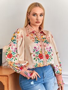 SHEIN Clasi 大碼印花鏤空蕾絲花邊燈籠袖襯衫 - 香檳色 - 查看 6