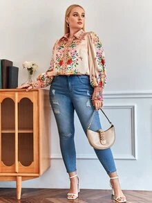 SHEIN Clasi 大碼印花鏤空蕾絲花邊燈籠袖襯衫 - 香檳色 - 查看 7