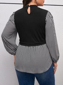 SHEIN Essnce Plus Striped Print Lantern Sleeve 2 In 1 Top - Black - View 2