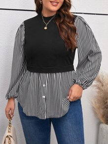 SHEIN Essnce Plus Striped Print Lantern Sleeve 2 In 1 Top - Black - View 4
