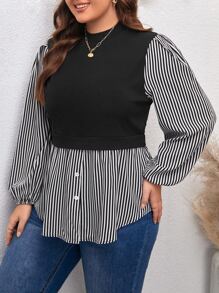 SHEIN Essnce Plus Striped Print Lantern Sleeve 2 In 1 Top - Black - View 5