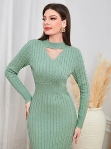 Modelyn Vestido de punto de cuello con abertura de ojo tejido de cable - verde menta - Ver 4