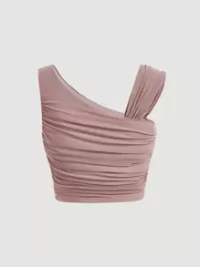 SHEIN MOD Asymmetrical Neck Ruched Top - Apricot - View 2