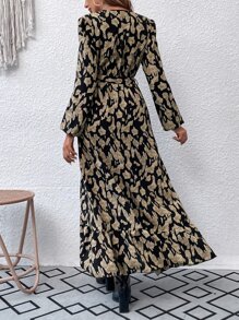 Breezaya Allover Print Lantern Sleeve Ruffle Hem Belted Dress Maxi Women Outfit Fall Cloth For Women