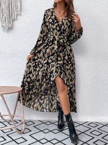 Breezaya Allover Print Lantern Sleeve Ruffle Hem Belted Dress Maxi Women Outfit Fall Cloth For Women