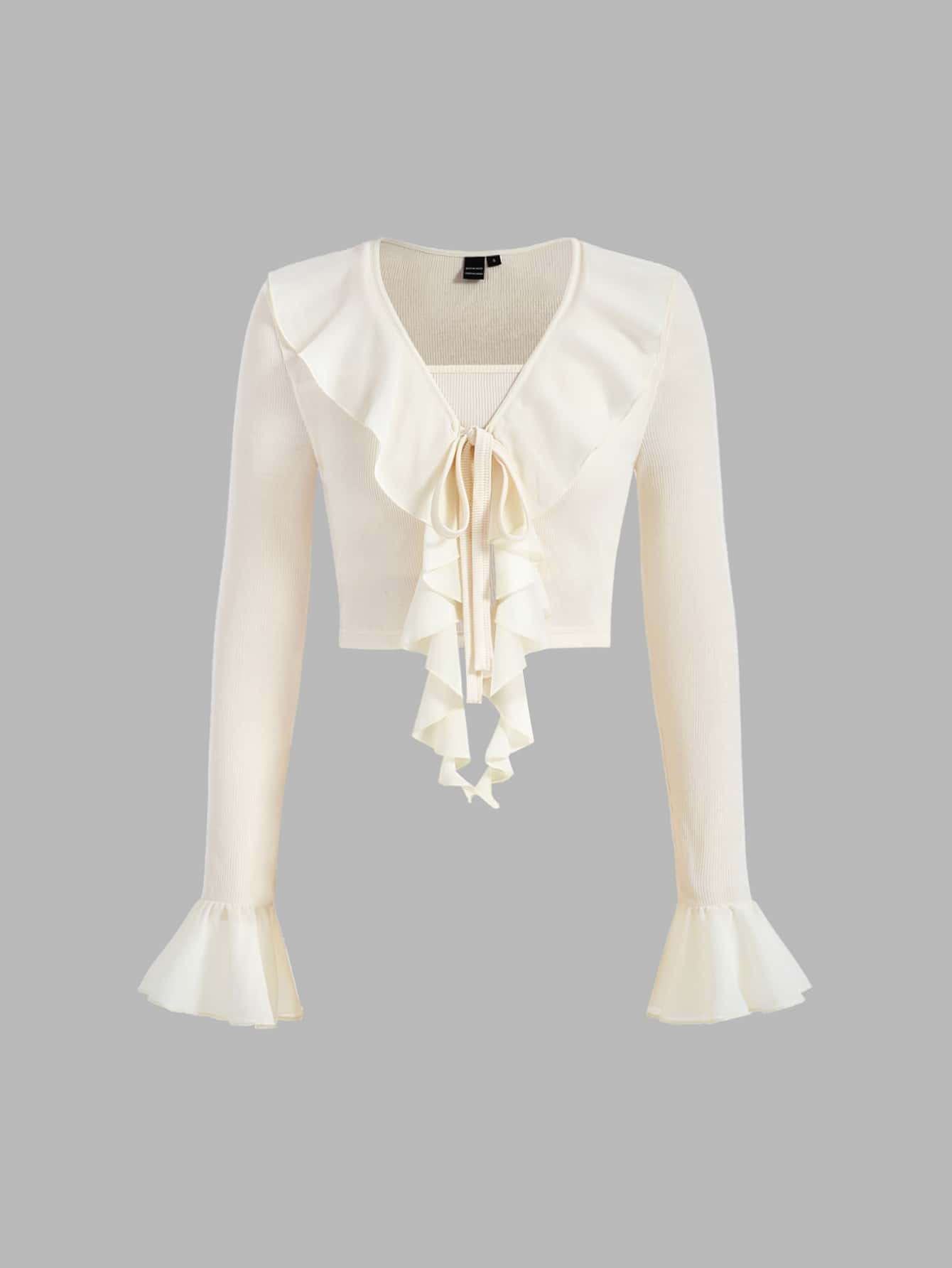 SHEIN MOD Ruffle Trim Tie Front Flounce Sleeve Tee - Beige - View 1