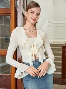 SHEIN MOD Ruffle Trim Tie Front Flounce Sleeve Tee - Beige - View 3