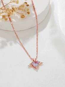 1入組時尚休閒百搭Love心翅膀蝴蝶結吊墜項鍊,適用於女士日常穿著 - 玫瑰金 - 查看 3