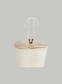 SHEIN MOD Tie Backless Ruched Halter Beads Boho Top - Beige - View 2