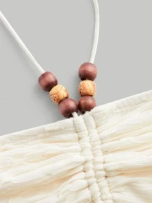 SHEIN MOD Tie Backless Ruched Halter Beads Boho Top - Beige - View 3