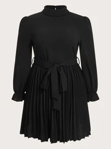 SHEIN MOD Plus Mock Neck Flounce Sleeve Pleated Hem Belted Dress