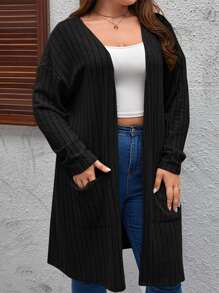 SHEIN LUNE Plus Dual Pocket Drop Shoulder Open Front Coat - Black - View 1